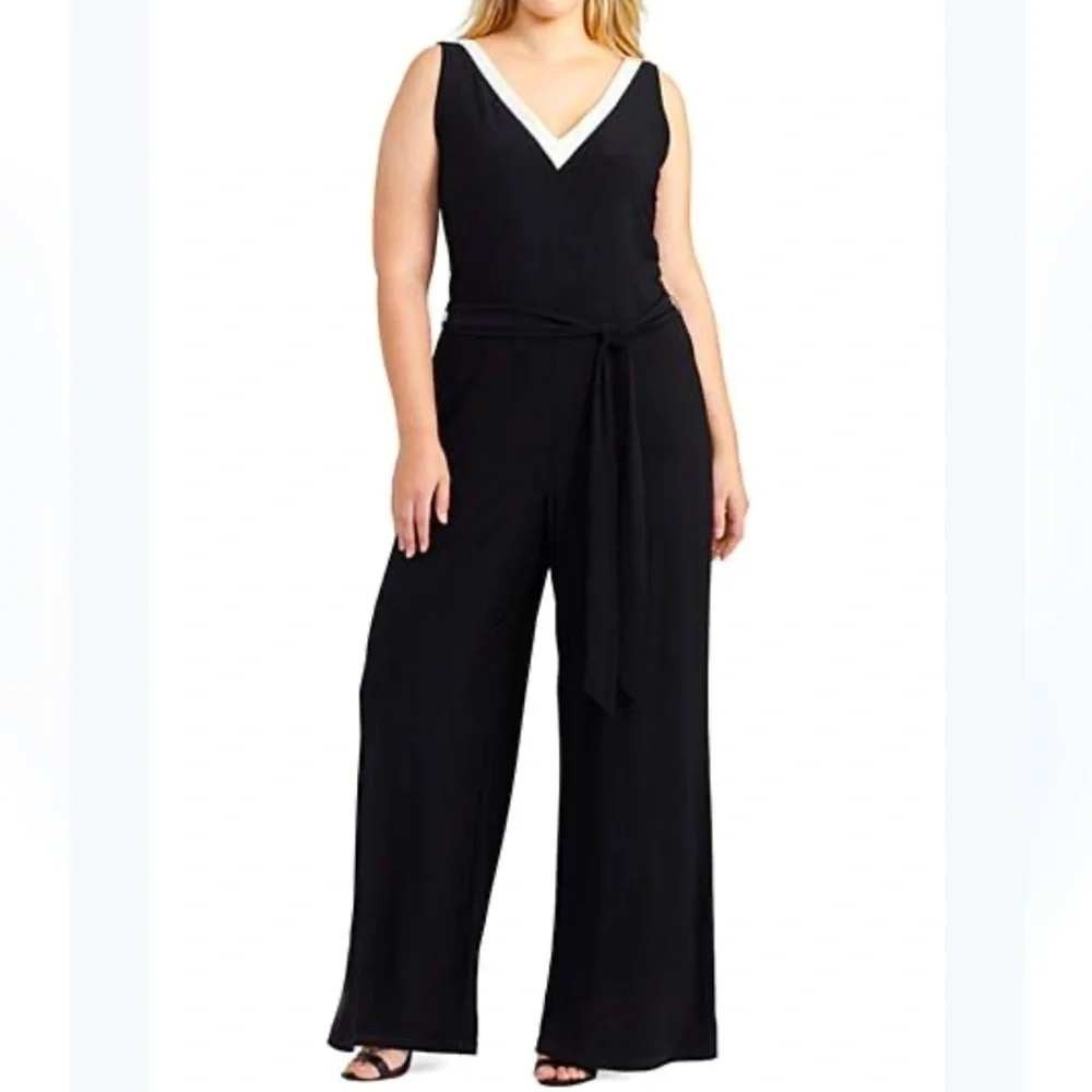 Lauren Ralph Lauren Jumpsuit Womens XL Black White V-Neck Wide Leg Belted LRL